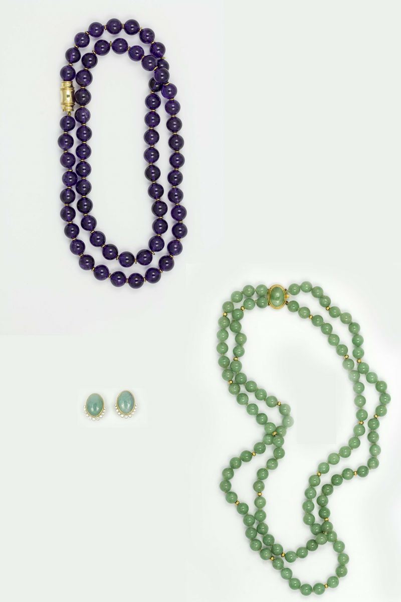 Lot comprising of an aventurine quartz necklace, an amethyst necklace and a pair of diamond earrings  - Auction Jewels Timed Auction - Cambi Casa d'Aste