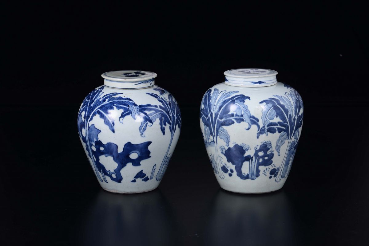Coppia di Poriches con Coperchio in Porcellana Bianca e Blu con Animali Fantastici, Cina, Dinasti...