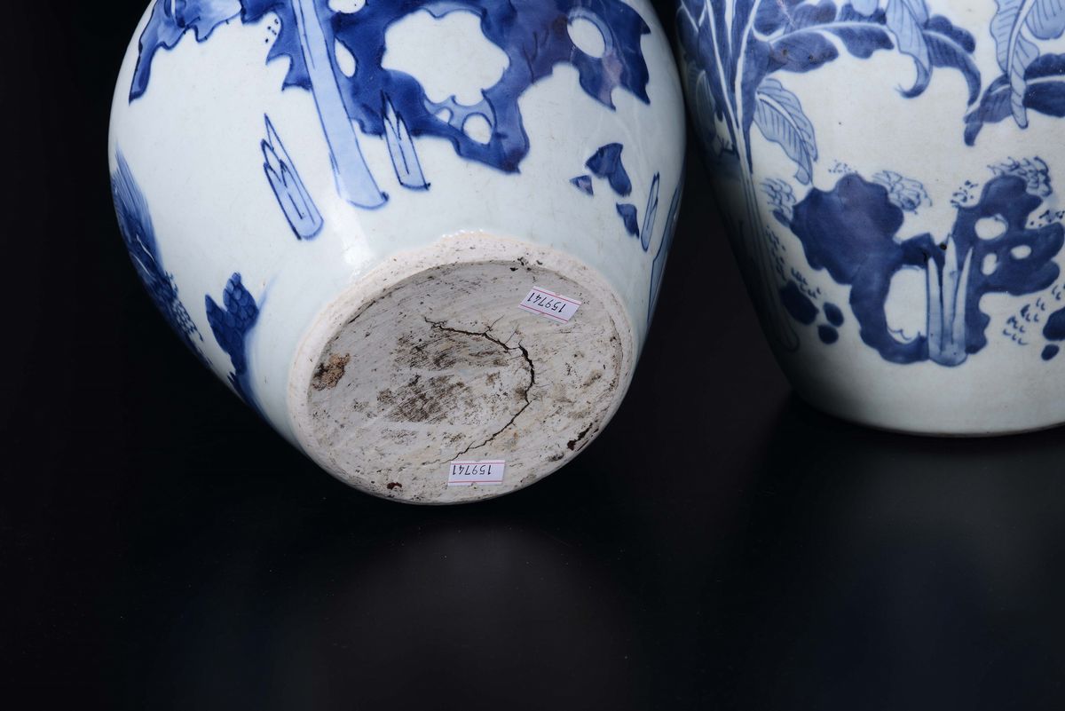 Coppia di Poriches con Coperchio in Porcellana Bianca e Blu con Animali Fantastici, Cina, Dinasti...