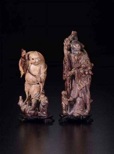 Due Figure di Saggi Scolpiti in Saponaria, Cina, Dinastia Qing, XIX Secolo
