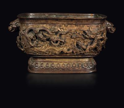 Incensiere in Bronzo con Manici con Decoro di Dragoni a Rilievo, Cina, Dinastia Qing, Epoca Qianl...