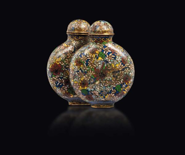 Snuff bottle a doppio corpo a smalti cloisonné, Cina, Dinastia Qing, XIX secolo