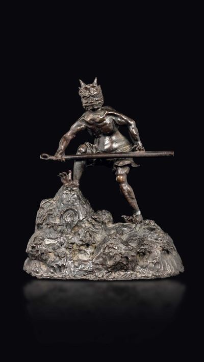 Figura di Satiro in Bronzo Sopra Roccia, Cina, Dinastia Ming, XVII Secolo