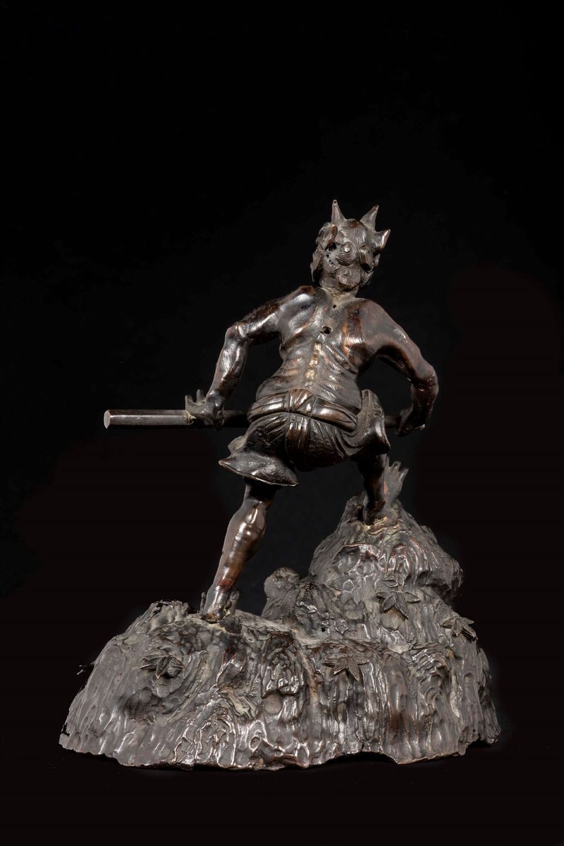 Figura di Satiro in Bronzo Sopra Roccia, Cina, Dinastia Ming, XVII Secolo
