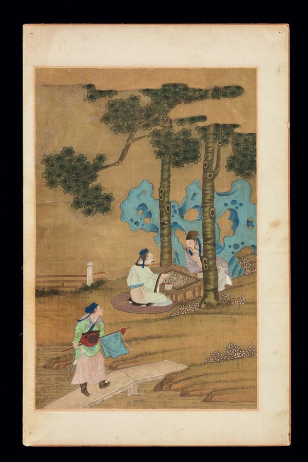 Lotto di cinque dipinti su seta raffiguranti scene di vita comune, saggi e dignitari entro paesaggio, Cina, Dinastia Qing, epoca Qianlong (1736-1795)