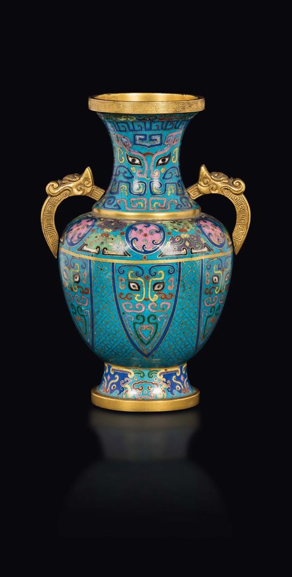 A two handles cloisonné enamel vase with taotie mask, China, Qing Dynasty, 19th century