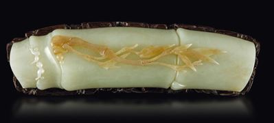 Appoggia Polso con Decoro a Bamboo in Giada Bianca e Russet, Cina, Dinastia Qing, Epoca Qianlong ...