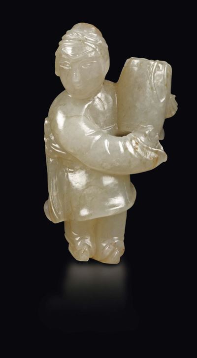 Figura di Contadino con Cesto tra le Braccia in Giada Bianca e Russet, Cina, Dinastia Song (960-1...