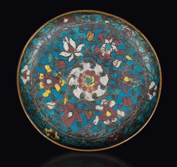 A small cloisonné enamel dish with flowers, China, Ming Dynasty, second half of 15th century