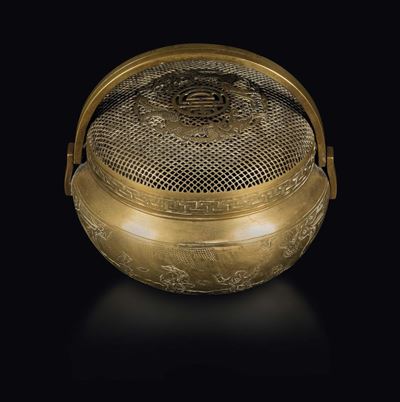 Scaldamani in Bronzo Dorato con Drago e Fanciulli, Cina, Dinastia Qing, XIX Secolo
