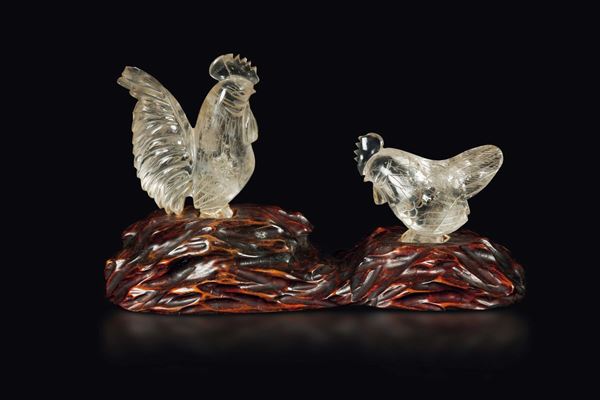 A rock crystal figures of roosters, Japan, Meiji Period, 19th century