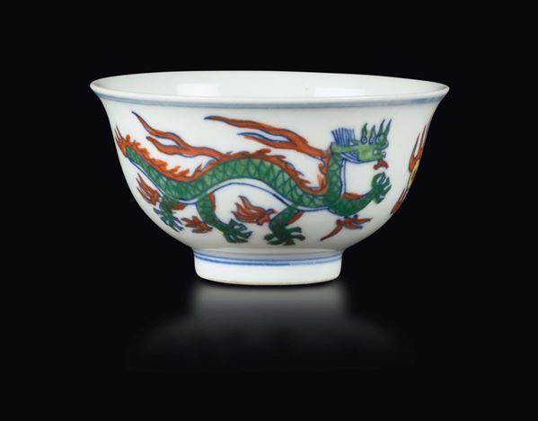 Ciotolina in porcellana con drago e fenice, Cina, Dinastia Qing, XIX secolo