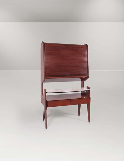 Secrétaire con Chiusura a Scomparsa in Legno con Piano in Marmo e Dettagli in Vetro.