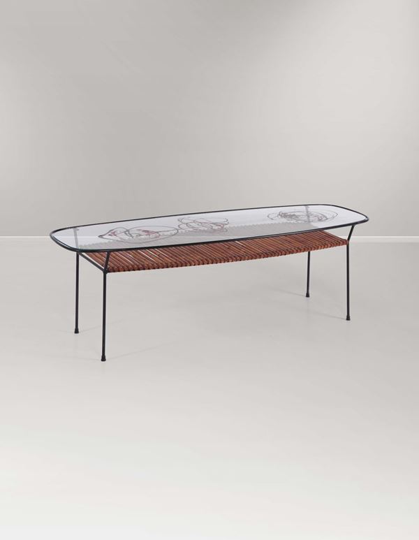 Tavolino con struttura in metallo e piano in vetro dipinto
