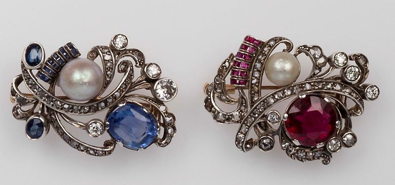 Una spilla con zaffiro Sri Lanka e perla ed una spilla con rubellite e perla  - Asta Fine Jewels - II - Cambi Casa d'Aste