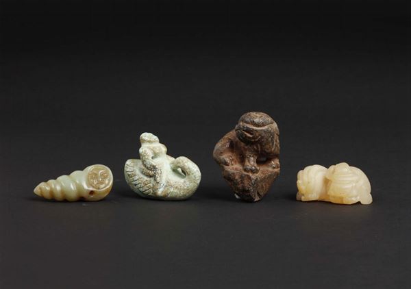 Four carvings, a stone a torquoise and two jades, three animals and a shell, China, Qing Dynasty, 19th century