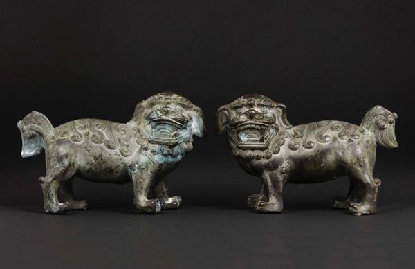 A pair of bronze Pho dogs, China, 20th century