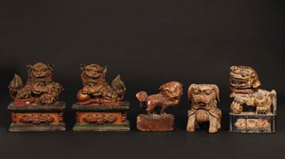 Cinque Cani di Pho in Legno, Cina del Sud, Canton, Dinastia Qing, XVIII/XIX Secolo