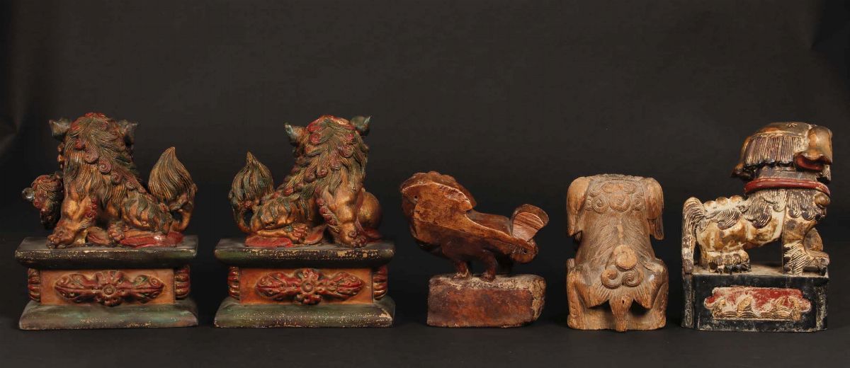 Cinque Cani di Pho in Legno, Cina del Sud, Canton, Dinastia Qing, XVIII/XIX Secolo