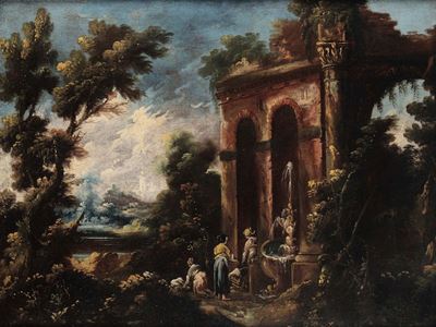 Scuola del XVIII Secolopaesaggi con Rovine e Personaggi