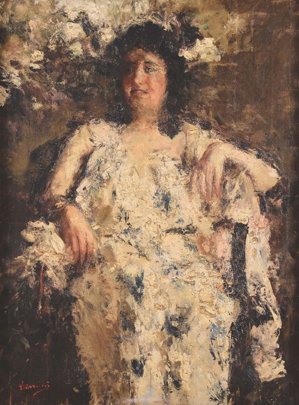 Antonio Mancini (1852-1930) Vestaglia bianca con fiori azzurri