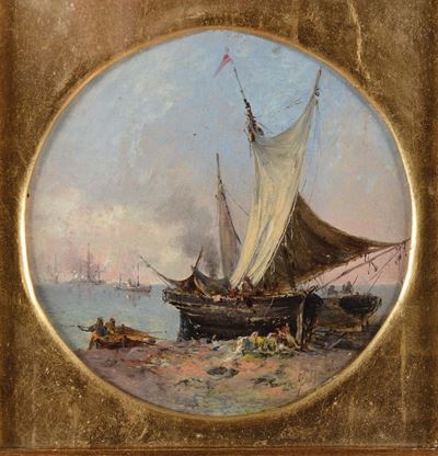 Agostino Fossati (1830-1904)veduta Costiera con Veliero Lavandaie