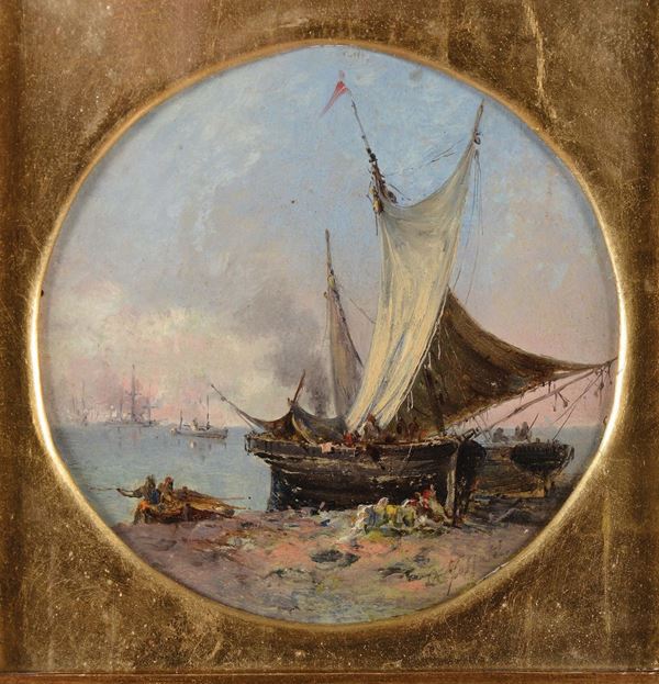 Agostino Fossati (1830-1904) Veduta costiera con veliero Lavandaie
