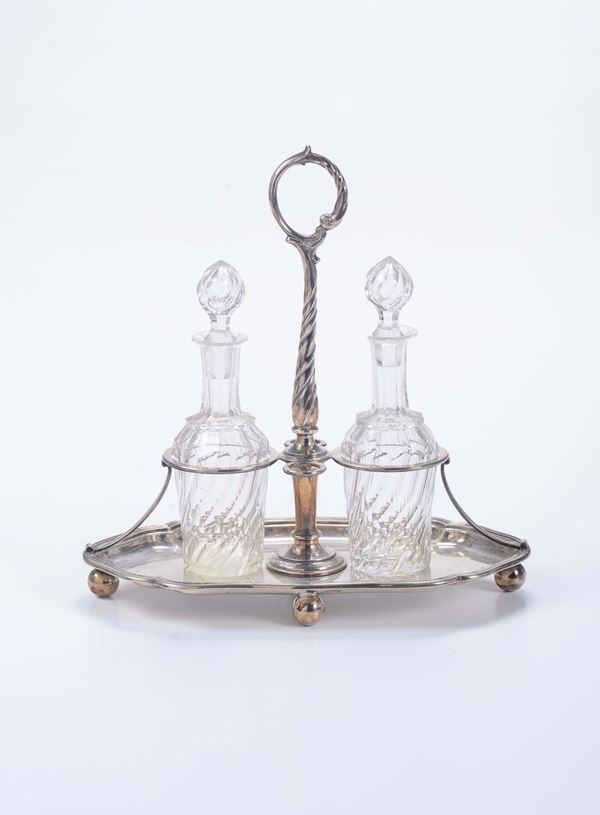 A silver oil and cheese stand, Germany, 19th century, silversmith Wullenwfber (glass not coeval)