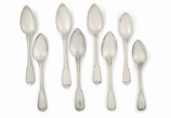 A set of twelve spoons with a crest, 31 without crest and 16 teaspoons, silver, Ausburg 1826 (?)