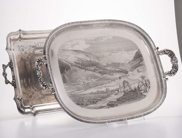 Two trays in silver-plated and chiselled metal, Italy or Germany 19-20th century