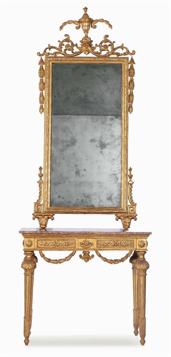Consolle Luigi XVI con specchiera in legno intagliato ed interamente dorato, XVIII-XIX secolo  - Asta Antiquariato - II - Cambi Casa d'Aste