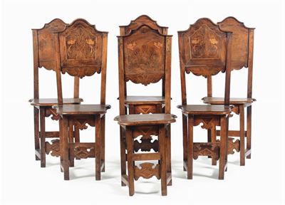 Sei Sedie in Legno Intarsiato, XVIII Secolo