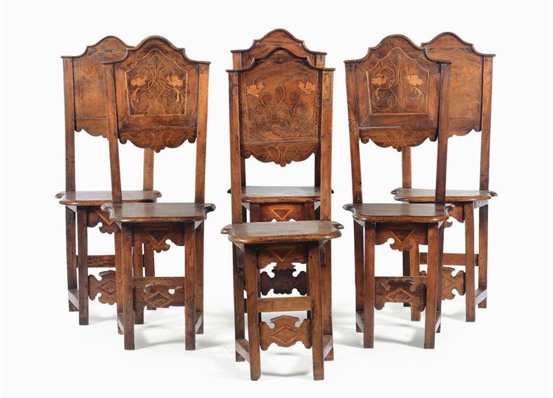 Sei sedie in legno intarsiato, XVIII secolo  - Asta Antiquariato - II - Cambi Casa d'Aste