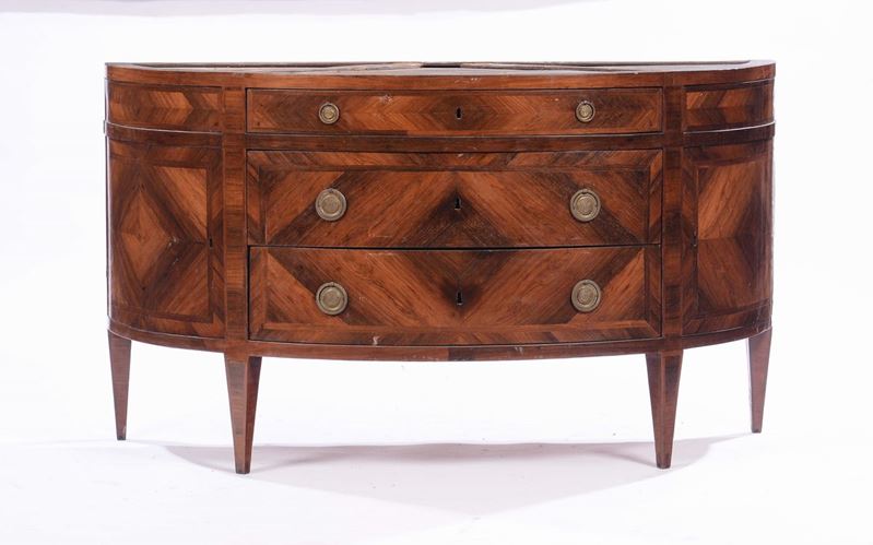 Comò demilune Luigi XVI interamente lastronato, Piemonte fine XVIII secolo  - Asta Antiquariato - II - Cambi Casa d'Aste