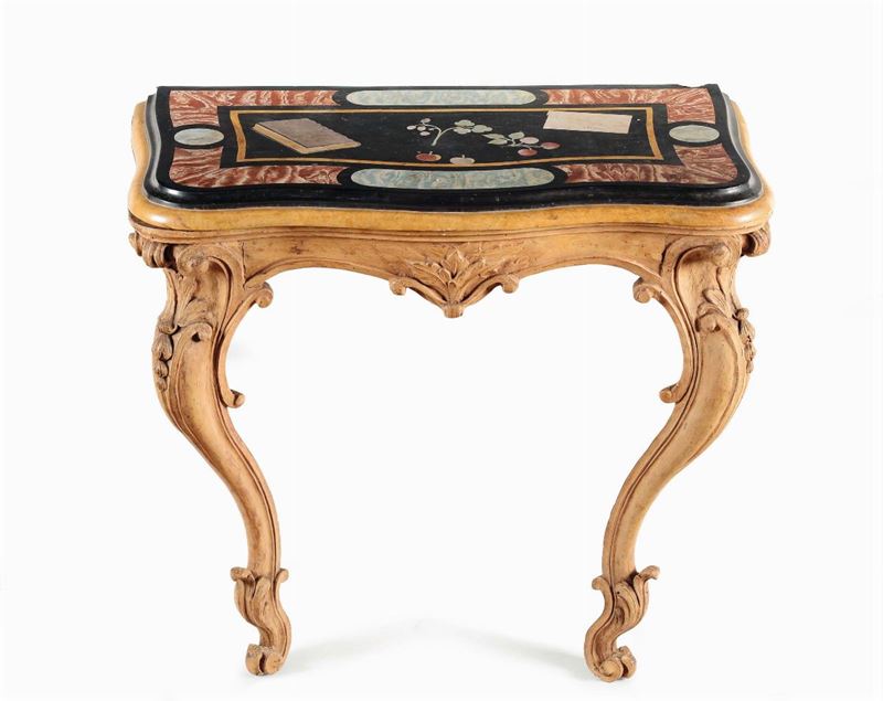 Consolina a goccia in legno intagliato con piano in scagliola sagomata, Piemonte XVIII secolo  - Auction Fine art - II - Cambi Casa d'Aste