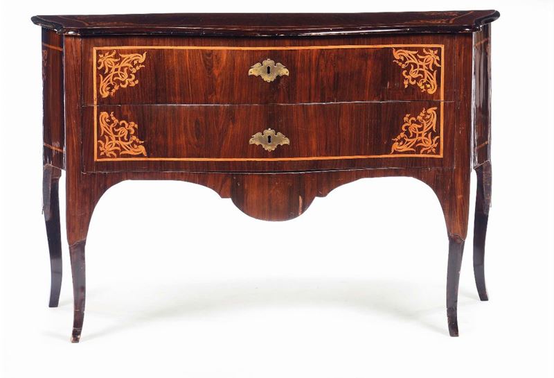 Comò a due cassetti lastronato ed intarsiato, Roma XVIII secolo  - Asta Antiquariato - II - Cambi Casa d'Aste