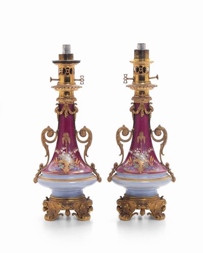 Coppia di Lampade in Porcellana e Bronzo Dorato, XIX-XX Secolo