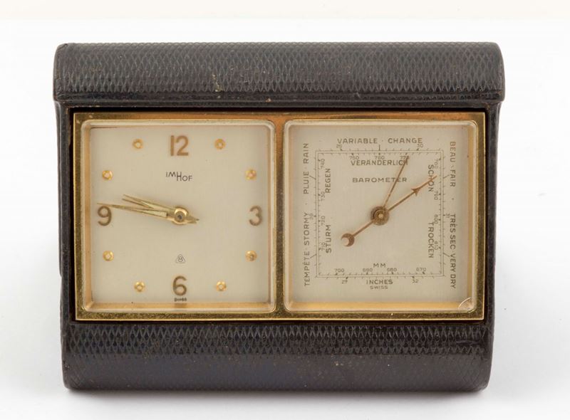 IMHOF, orologio da tavolo, in ottone dorato, con riserva di carica di 8 giorni, funzione di sveglia e barometro. Realizzato nel 1960 circa  - Auction Watches and Pocket Watches - Cambi Casa d'Aste