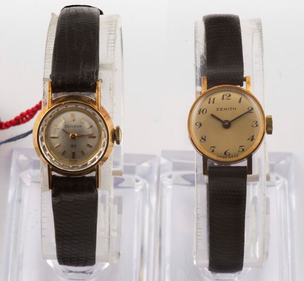 Coppia di orologi, Zenith e Bulova, da donna, in oro giallo 18K, a carica manuale. Realizzati circa nel 1960