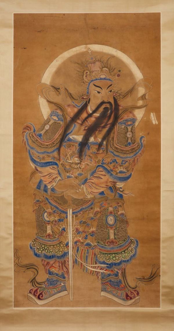 Lotto di sette dipinti su carta raffiguranti guardiani e divinità, Cina, Dinastia Qing, fine XIX secolo