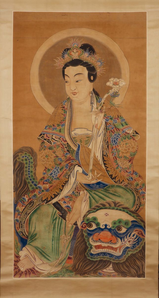 Lotto di Sette Dipinti su Carta Raffiguranti Guardiani e Divinità, Cina, Dinastia Qing, Fine XIX ...