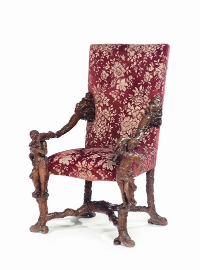 Poltrona in Legno Scolpito Attribuita All'intagliatore e Scultore Veneto Valentino Panciera Besar...