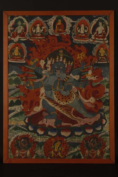 Tanka a Fondo Blu con Mahakala Centrale, Tibet, XIX Secolo