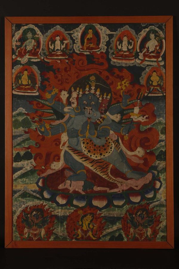 Tanka a fondo blu con Mahakala centrale, Tibet, XIX secolo