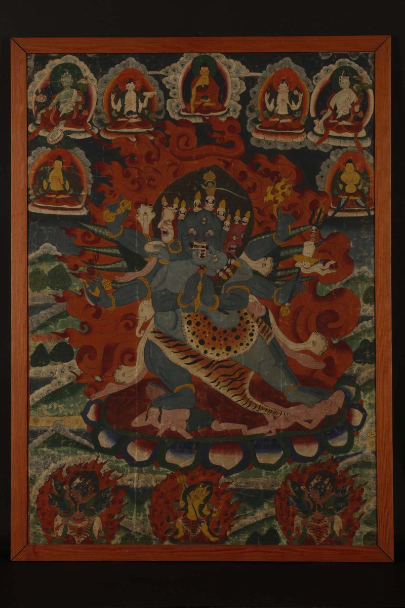 Tanka a fondo blu con Mahakala centrale, Tibet, XIX secolo  - Asta Chinese Works of Art - Cambi Casa d'Aste