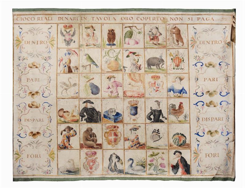 Gioco su pergamena raffigurante scenette con figure, animali, frutti e stemmi  - Asta Antiquariato - II - Cambi Casa d'Aste