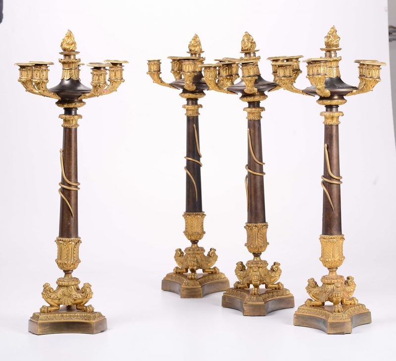 Quattro candelabri Carlo X in bronzo e bronzo dorato a quattro luci, Francia prima metà XIX secolo  - Auction Fine art - II - Cambi Casa d'Aste