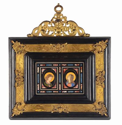 Commesso in Pietre Dure e Marmi Policromi Raffigurante Annunciazione, Entro Cornice in Legno Eban...