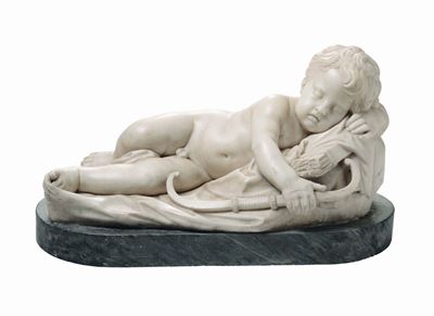 Cupido Dormiente, Marmo Bianco di Carrara e Grigio Bardiglio, Scultore Barocco Toscano Prossimo a...