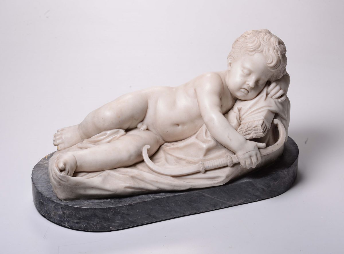 Cupido Dormiente, Marmo Bianco di Carrara e Grigio Bardiglio, Scultore Barocco Toscano Prossimo a...
